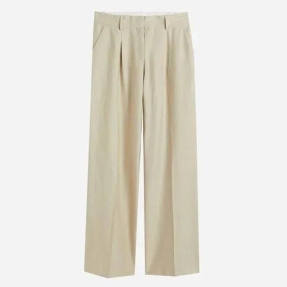 H&M High Rise Pleated Front Linen Wide Leg Ankle Pants Cream 8 - Picture 1 of 11